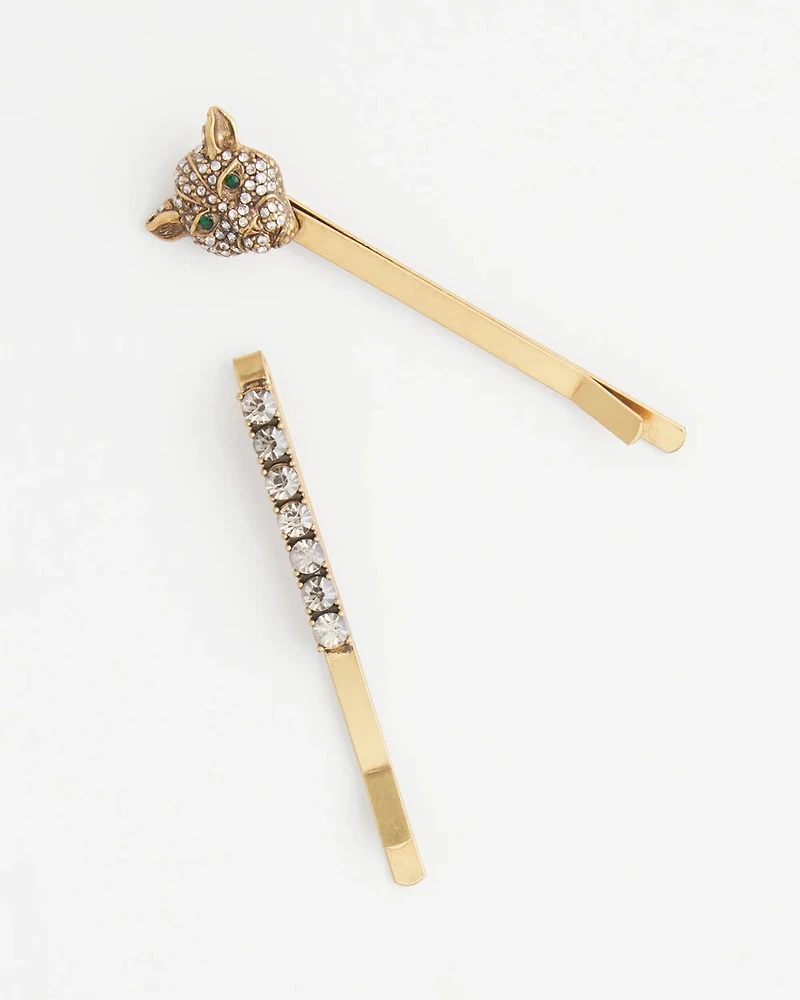 Green Eyed Leopard Hair Pin Set of 2