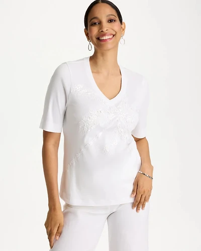 Palm Embellished Pima Elbow Sleeve Tee