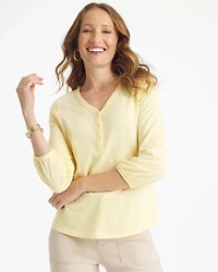 Puff Sleeve Cotton Slub Henley Tee