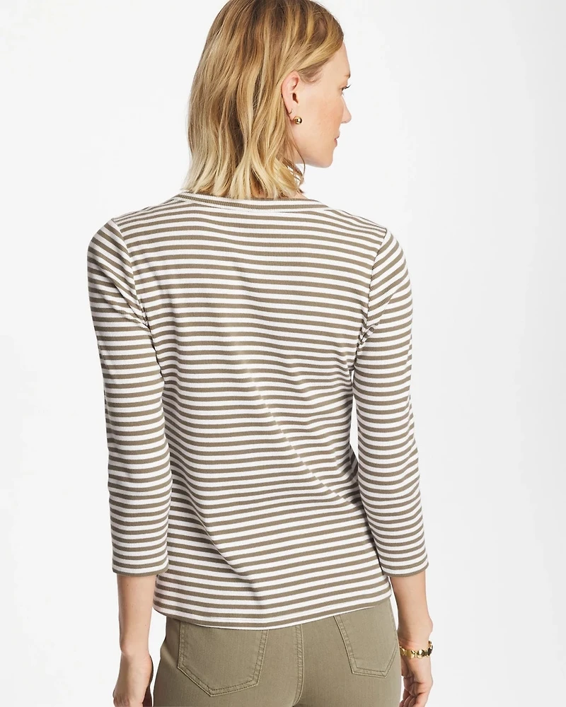 Striped Ribbed Button Crewneck Tee