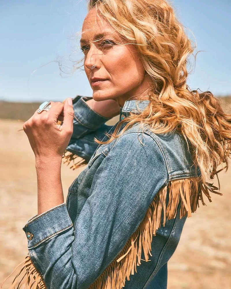 Cropped-Fit Fringe Denim Jacket