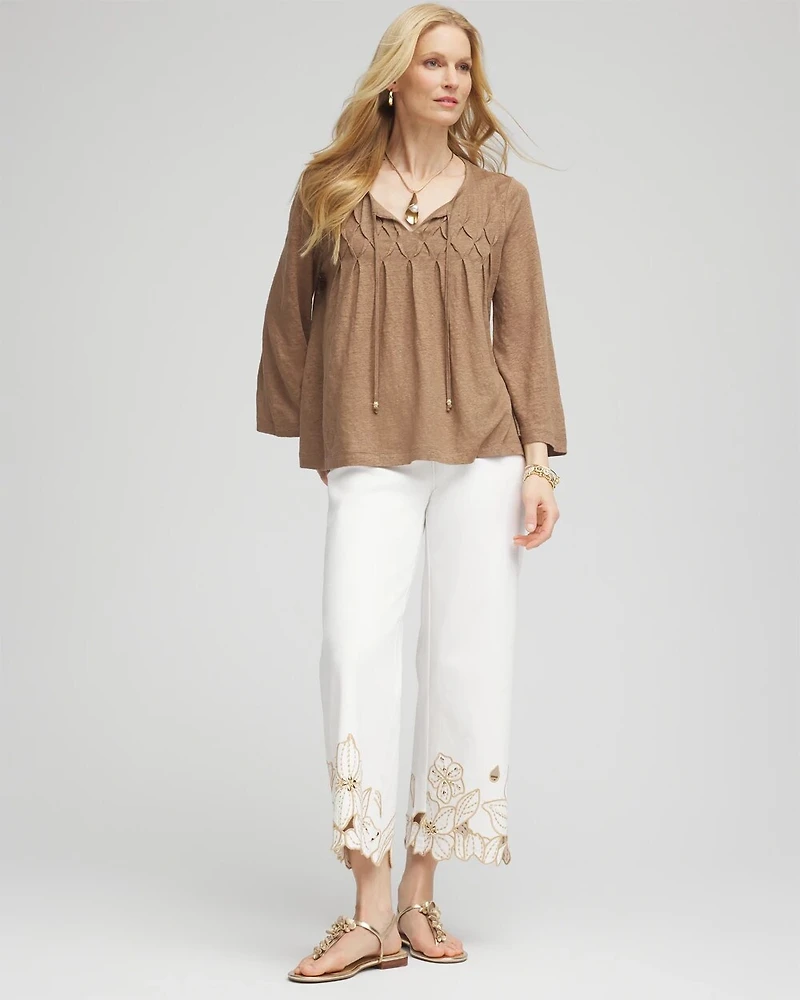 Pintuck Linen Notched-Neck Tee