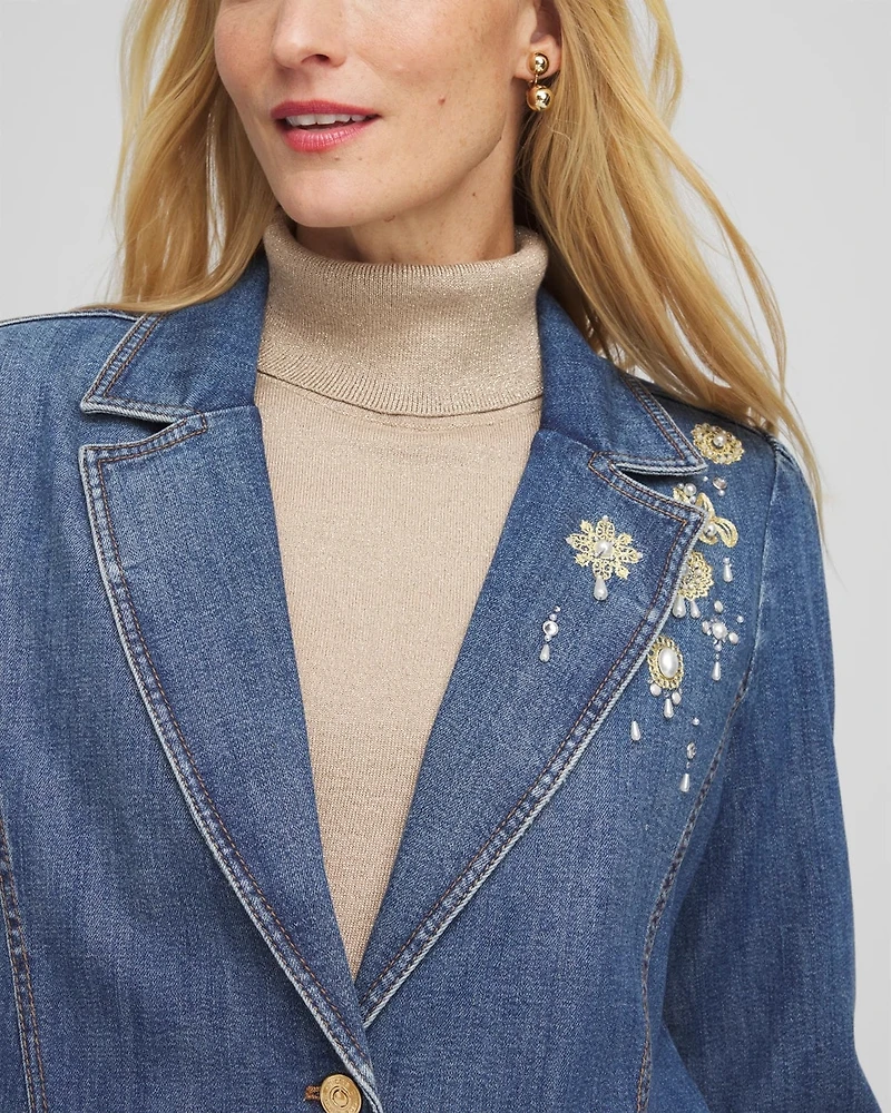 Pearl Brooch Denim Blazer