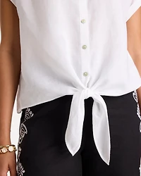 No Iron Linen Tie-Front Cap Sleeve Shirt