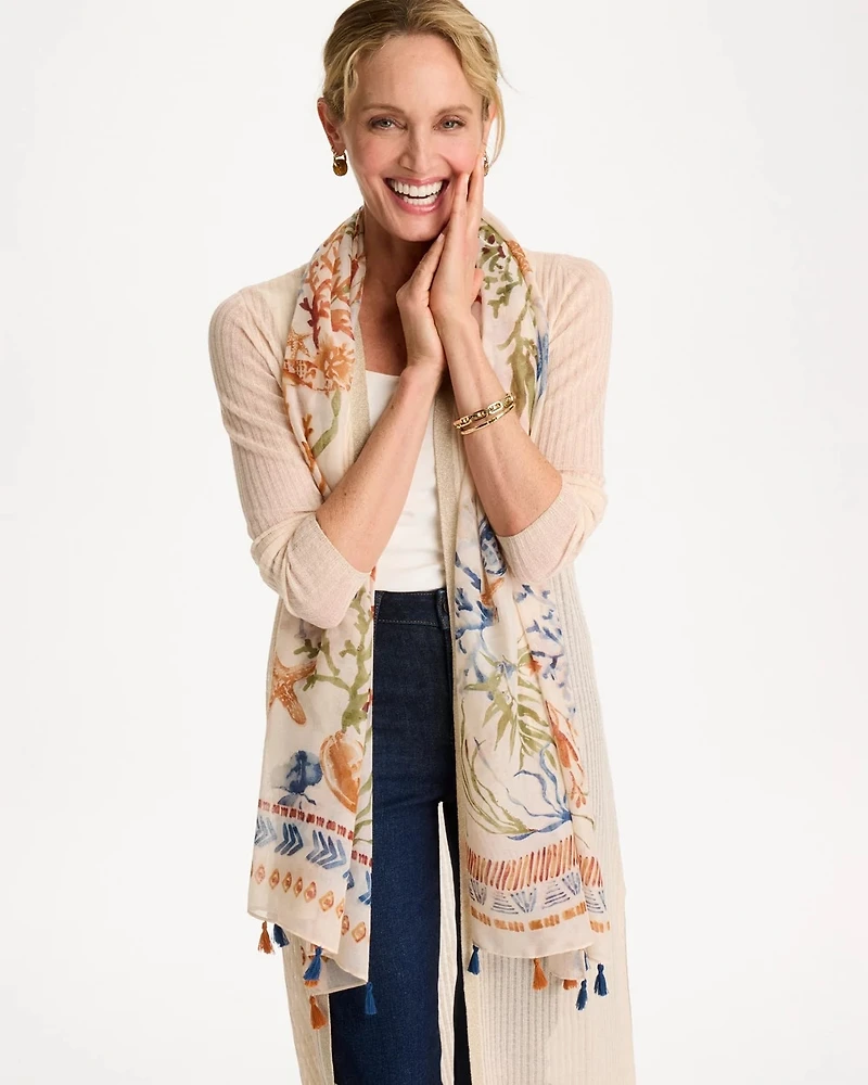 Sea Life Tassel Oblong Scarf