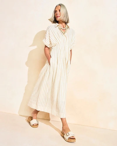 Linen-Blend Metallic Striped Dress