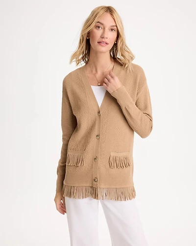 Cotton-Blend Fringed Long-Sleeve Cardigan