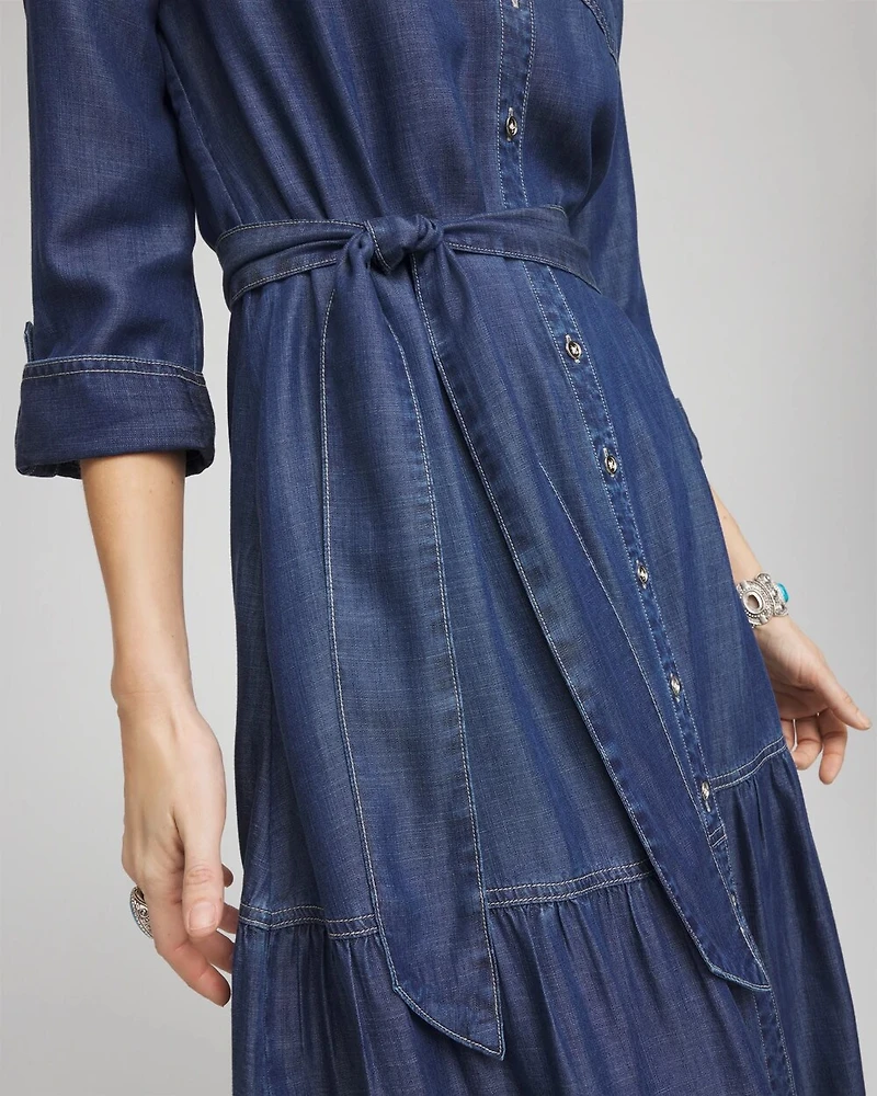 Tencel™ Tiered Belted Jean Shirtdress