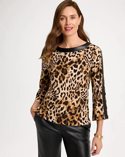 Ponte Knit Animal Faux Leather-Trim Top