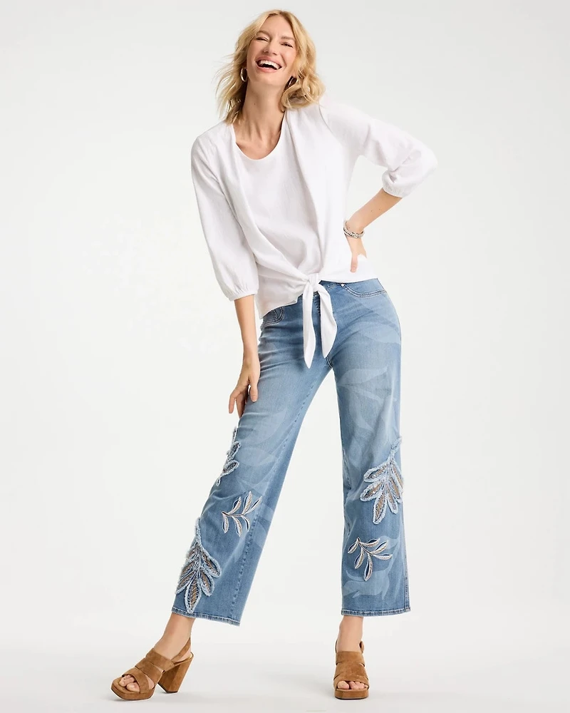 Tropical Embroidery Pull-On Wide Crop Jean