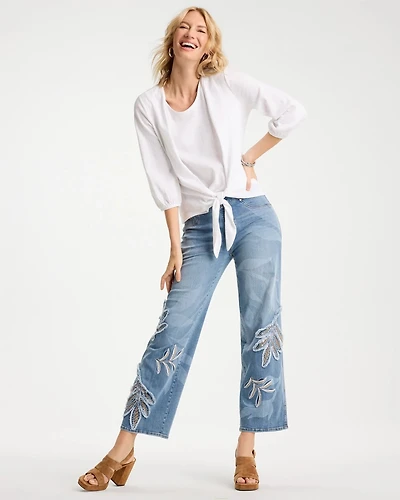 Tropical Embroidery Pull-On Wide Crop Jean