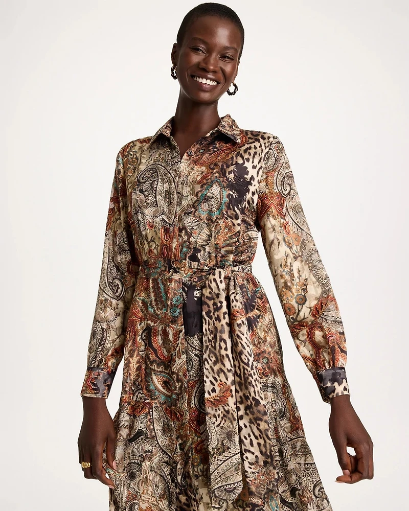 Crinkle Chiffon Godet Printed Shirtdress