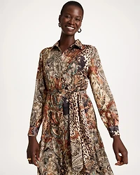 Crinkle Chiffon Godet Printed Shirtdress