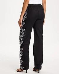 Embroidered Pull-On Wide-Leg Linen Pants