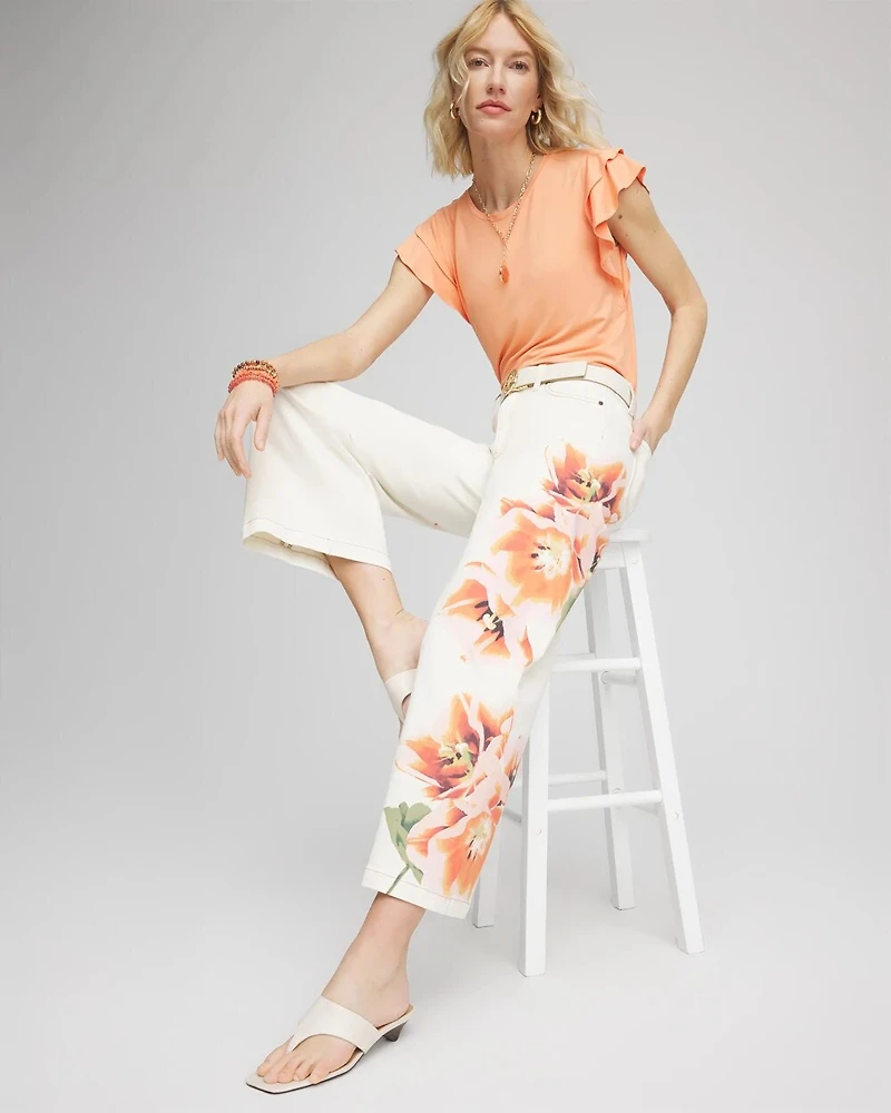 Floral High-Rise Wide-Leg Cropped Jeans