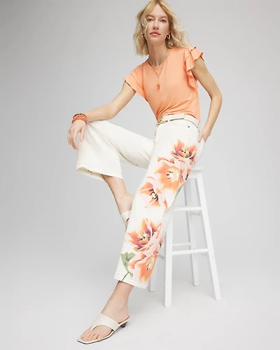 Floral High-Rise Wide-Leg Cropped Jeans