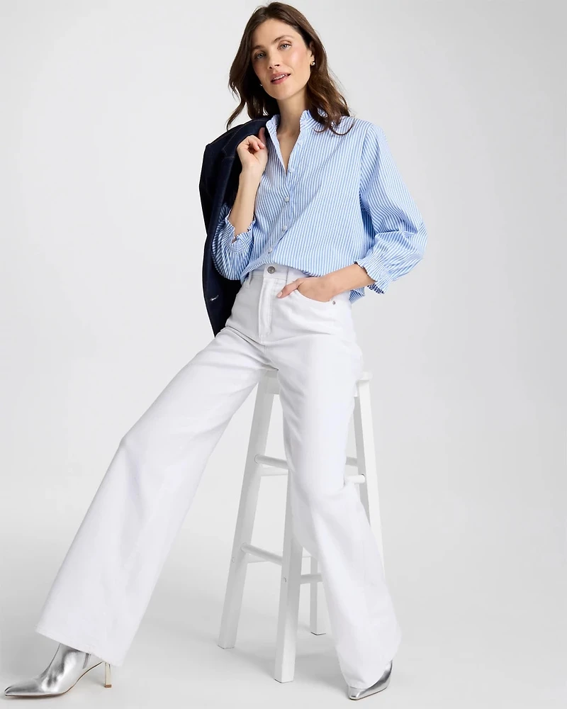 Striped Poplin Ruffle Neck Shirt