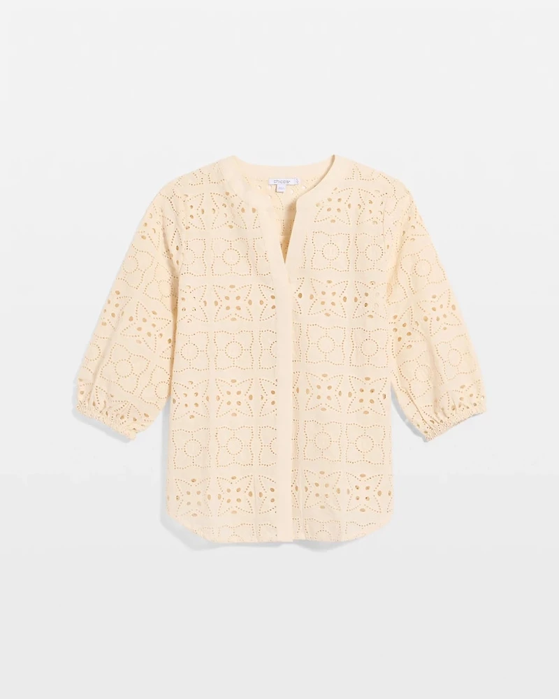 Cotton Geo Eyelet 3/4 Sleeve Blouse