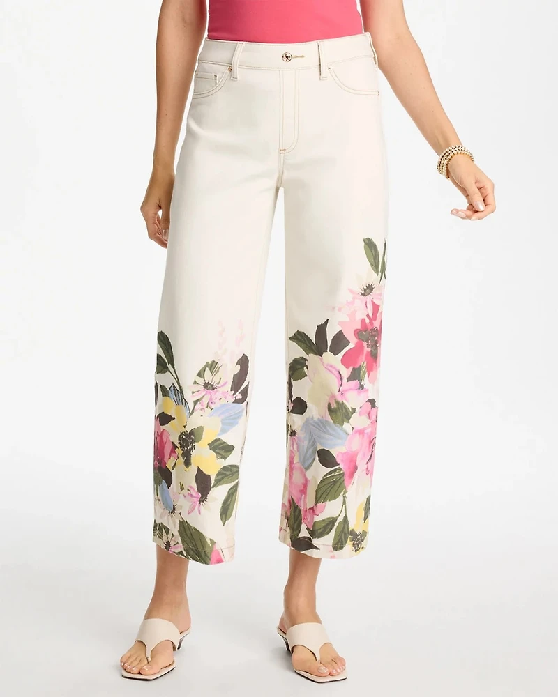 Printed Pull-On Wide Crop Jeans