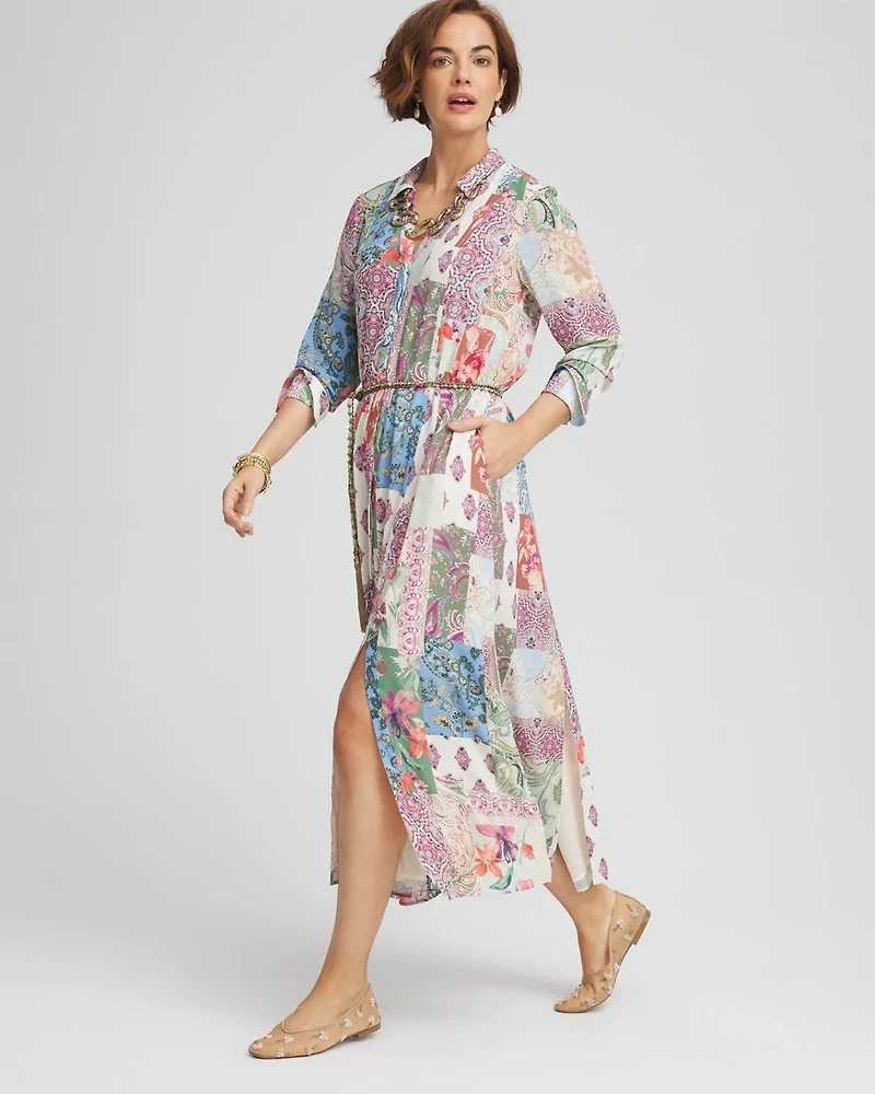 Belted Paisley Patch Maxi Shirtdress