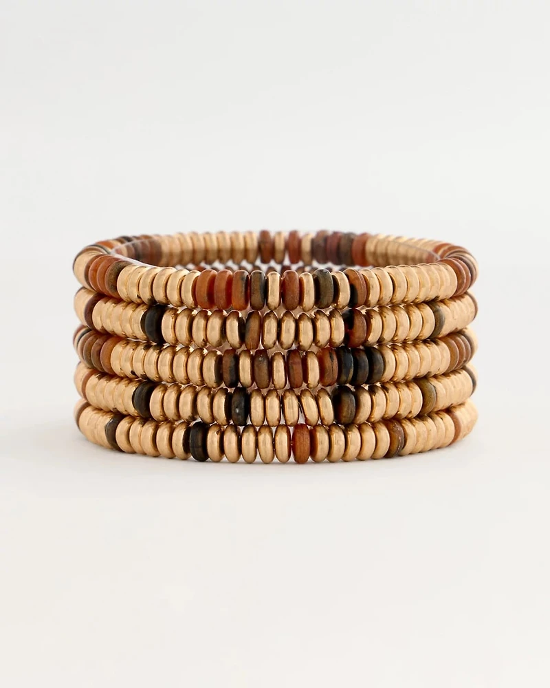 Stretch Set of Five Neutral Beaded Bracelets