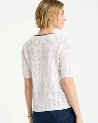 Pointelle Blanket-Stitch Pullover Sweater