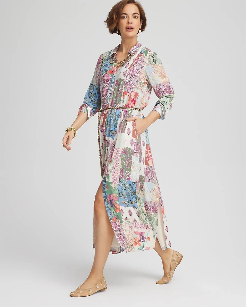 Belted Paisley Patch Maxi Shirtdress