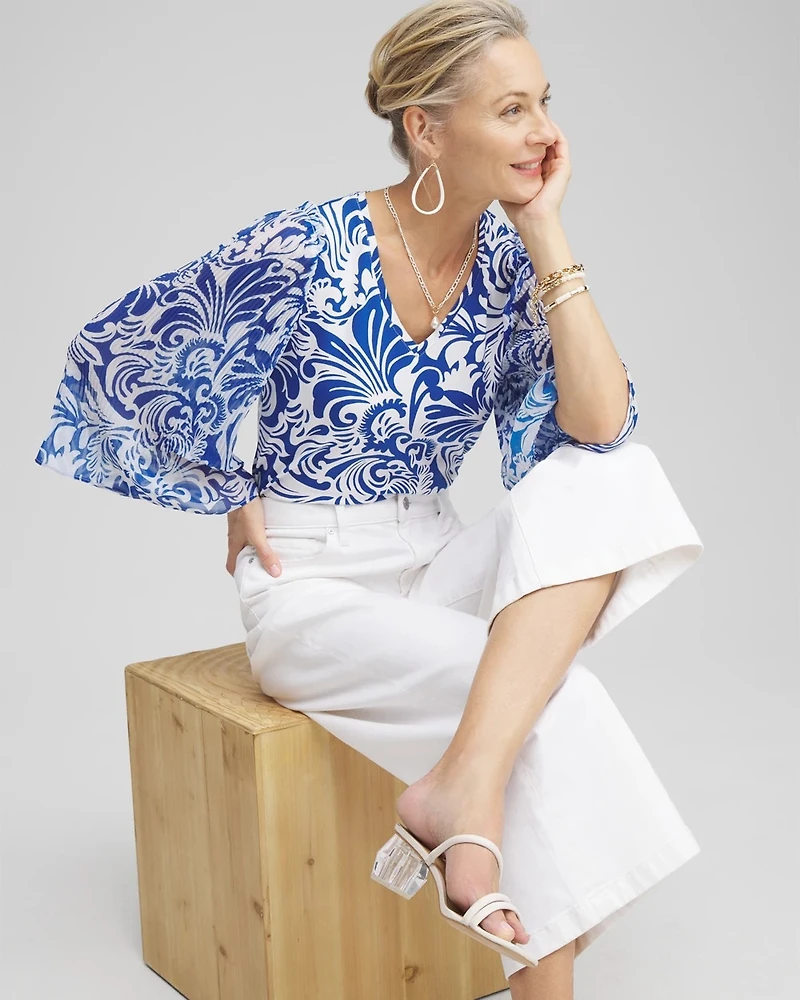 Scrolls Pleated Billow Sleeve Top