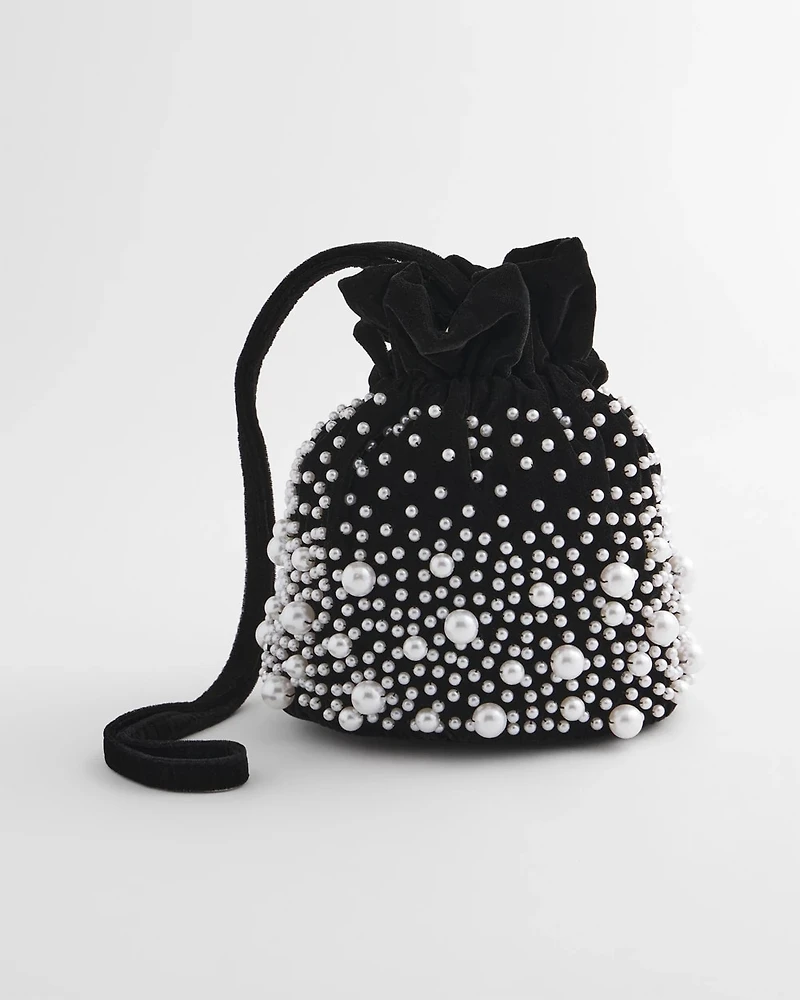 Faux Pearl & Velvet Crossbody Bucket Bag