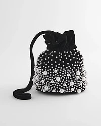 Faux Pearl & Velvet Crossbody Bucket Bag