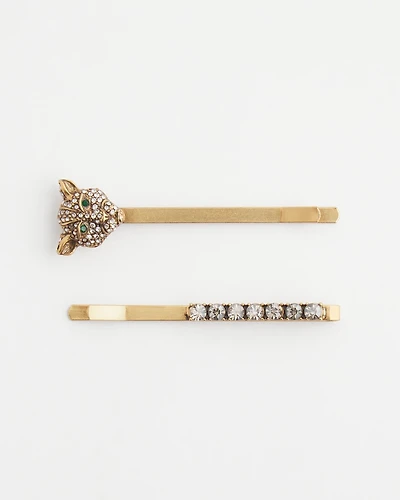 Green Eyed Leopard Hair Pin Set of 2