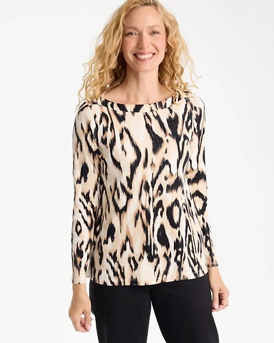 Animal Print Stretch Cotton Boatneck Tee