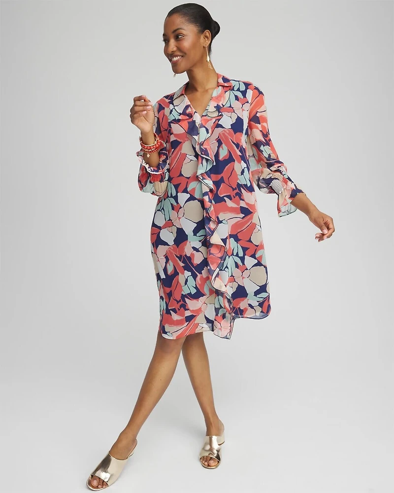 Abstract Ruffle Front Shirt Dress