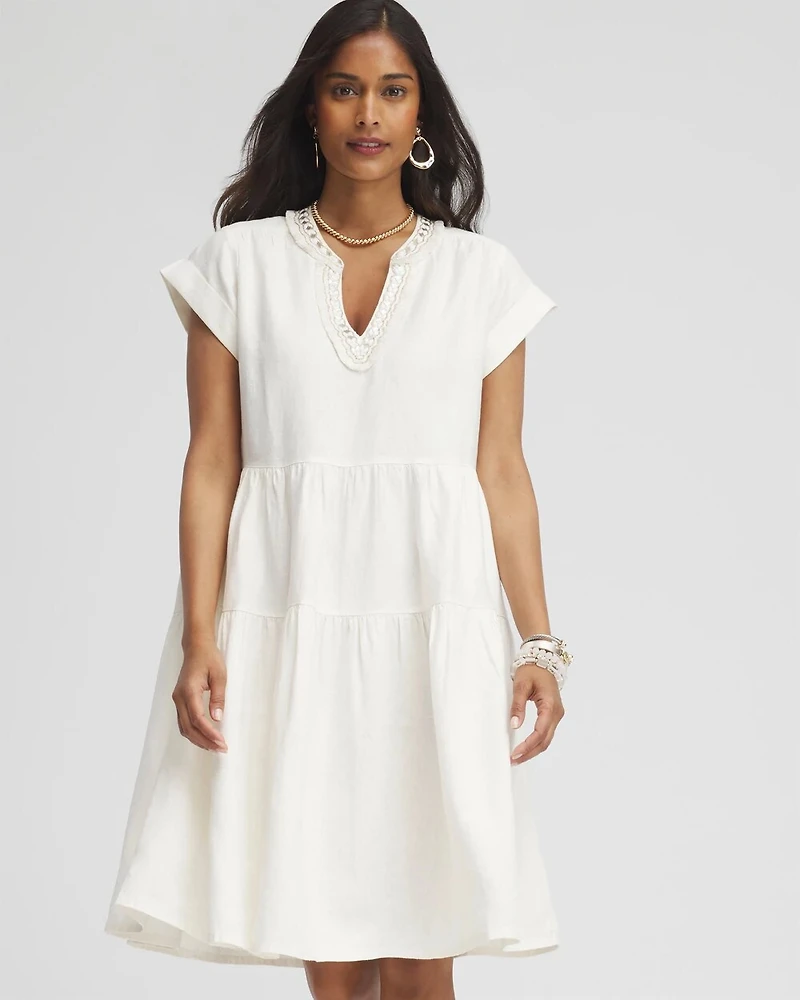 Linen Embellished Cap Sleeve Dress