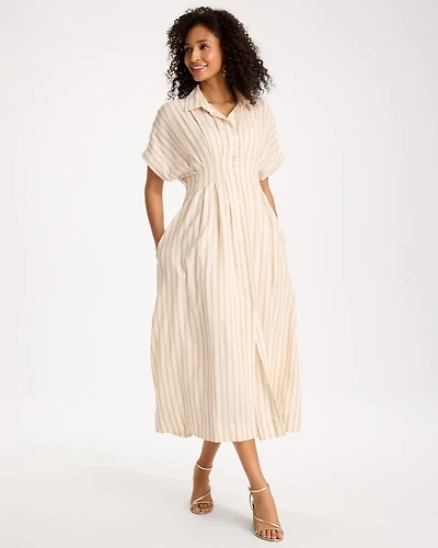 Linen-Blend Metallic Striped Dress