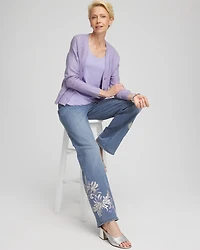Embroidered Pull-On Wide-Leg Jeans