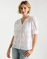 Cotton Plaid Elbow-Sleeve Shirt