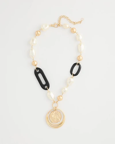 Black Bead Faux Pearl Pendant Necklace