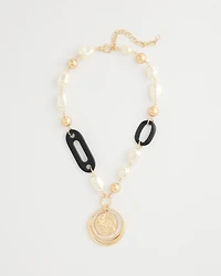Black Bead Faux Pearl Pendant Necklace