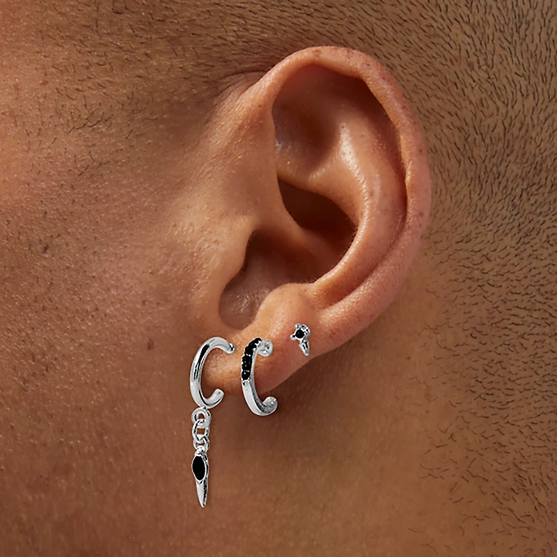 Silver-tone Black Spike Earring Stackables Set - 3 Pack