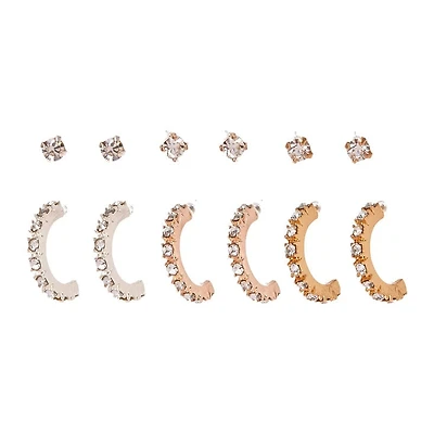 Mixed Metal Crystal Hoop & Stud Earrings - 6 Pack