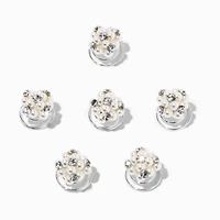 Silver Pearl & Rhinestone Cluster Hair Spinners - 6 Pack