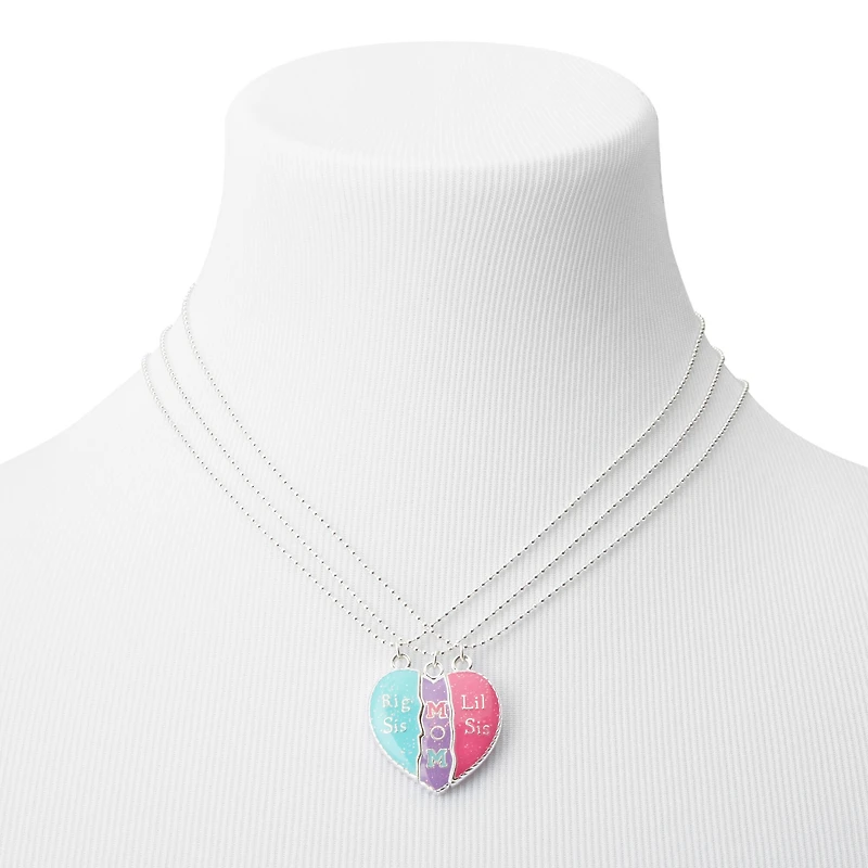 "Mom", "Big Sis", & "Lil Sis" Split Heart Pendant Necklaces - 3 Pack