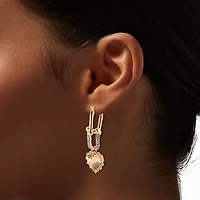 Gold-tone Chain Link Pavé Crystal Heart Drop Earrings