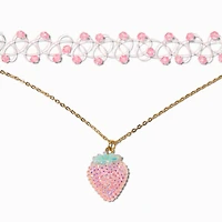 Pink Crystal Beaded Tattoo Choker & Strawberry Crystal Pendant Choker - 2 Pack