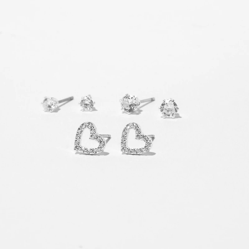 Silver-tone Cubic Zirconia Heart & Stud Earrings - 3 Pack