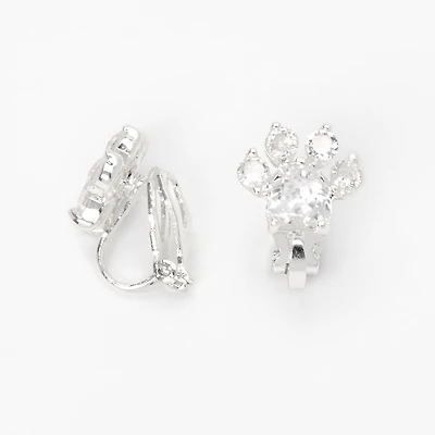 Silver-tone Cubic Zirconia 10mm Paw Print Clip-On Earrings