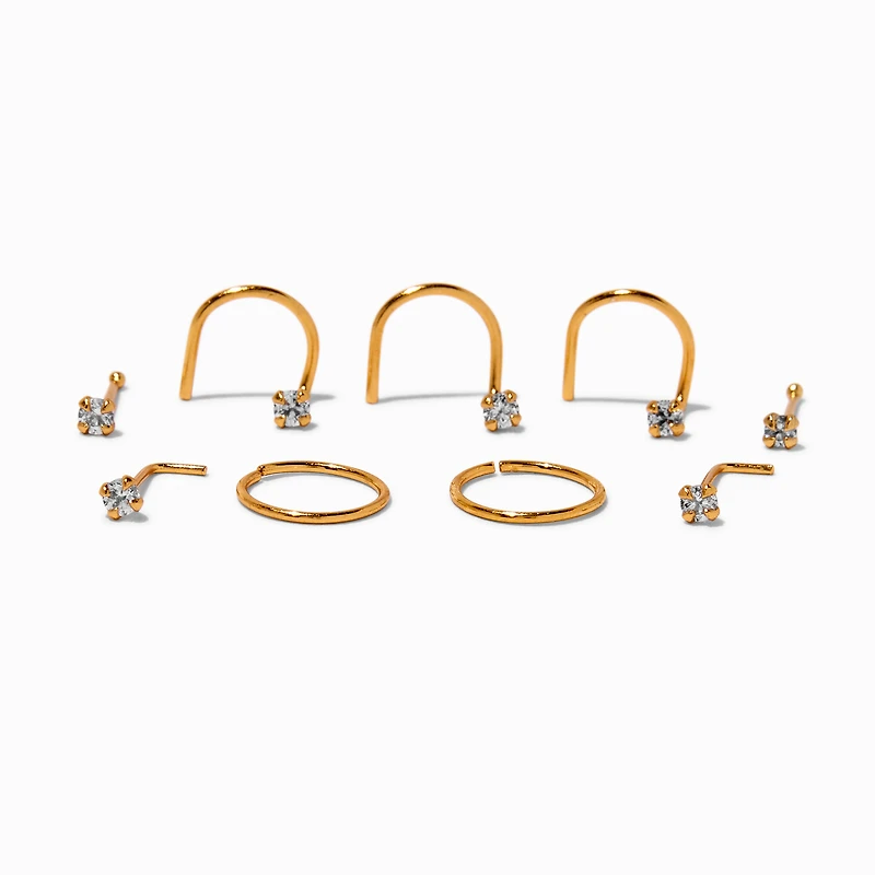 22G Gold-tone Sterling Silver Cubic Zirconia Nose Studs & Rings - 9 Pack