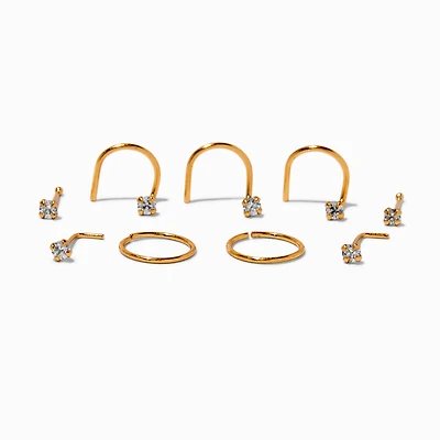 22G Gold-tone Sterling Silver Cubic Zirconia Nose Studs & Rings - 9 Pack