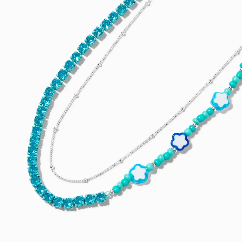 Blue Flower Beaded Silver-tone Chain Multi-Strand Necklace